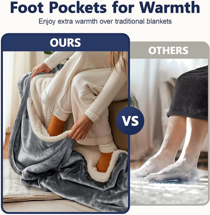 Electric Wearable Heated Blanket with Foot Pocket, Heated Blanket Wearable with Sleeves, Flannel & Sherpa Electric Throw Blanket