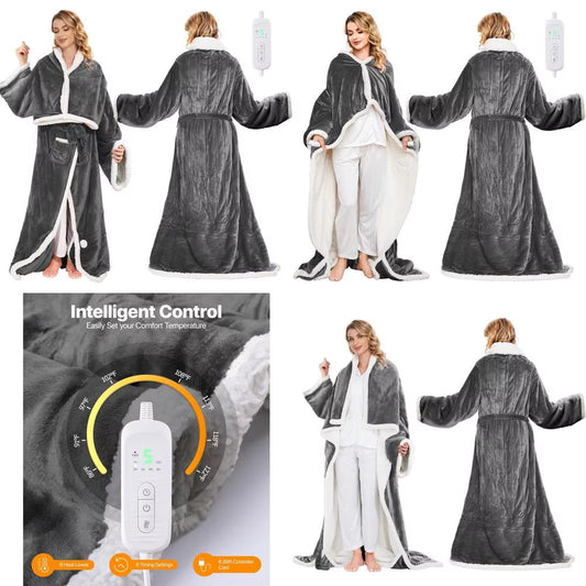 Wearable Electric Blanket with Foot Pockets and Sleeves, 8 Heat Levels, Timer for Women, 50X60 Flannel & Sherpa Robe