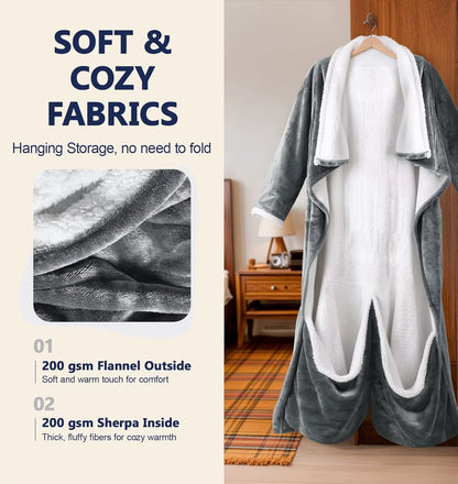 Electric Wearable Heated Blanket with Foot Pocket, Heated Blanket Wearable with Sleeves, Flannel & Sherpa Electric Throw Blanket