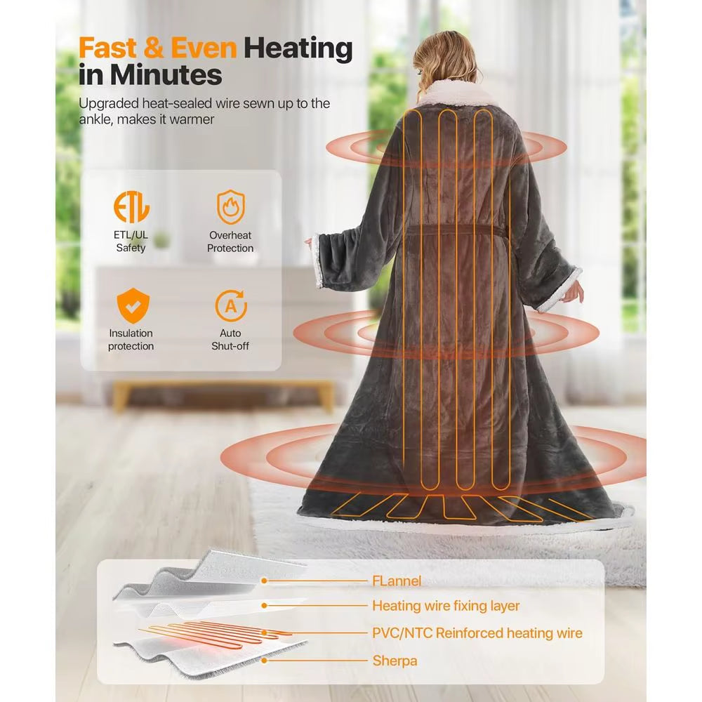 Wearable Electric Blanket with Foot Pockets and Sleeves, 8 Heat Levels, Timer for Women, 50X60 Flannel & Sherpa Robe
