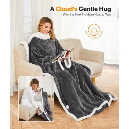 Wearable Electric Blanket with Foot Pockets and Sleeves, 8 Heat Levels, Timer for Women, 50X60 Flannel & Sherpa Robe