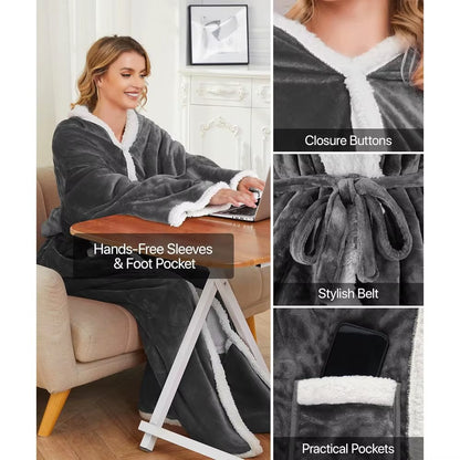 Wearable Electric Blanket with Foot Pockets and Sleeves, 8 Heat Levels, Timer for Women, 50X60 Flannel & Sherpa Robe